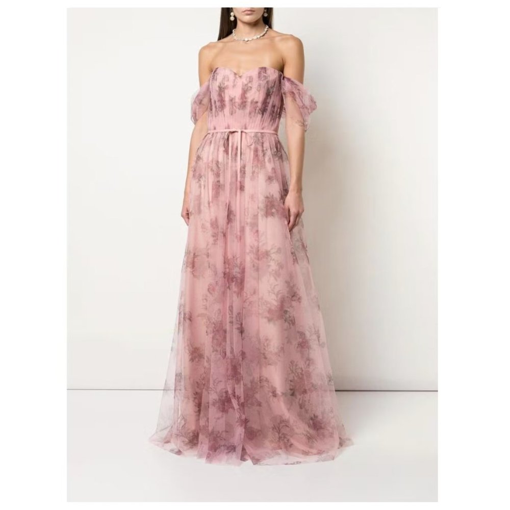Marchesa Notte Off-The-Shoulder Tulle Draped Gown